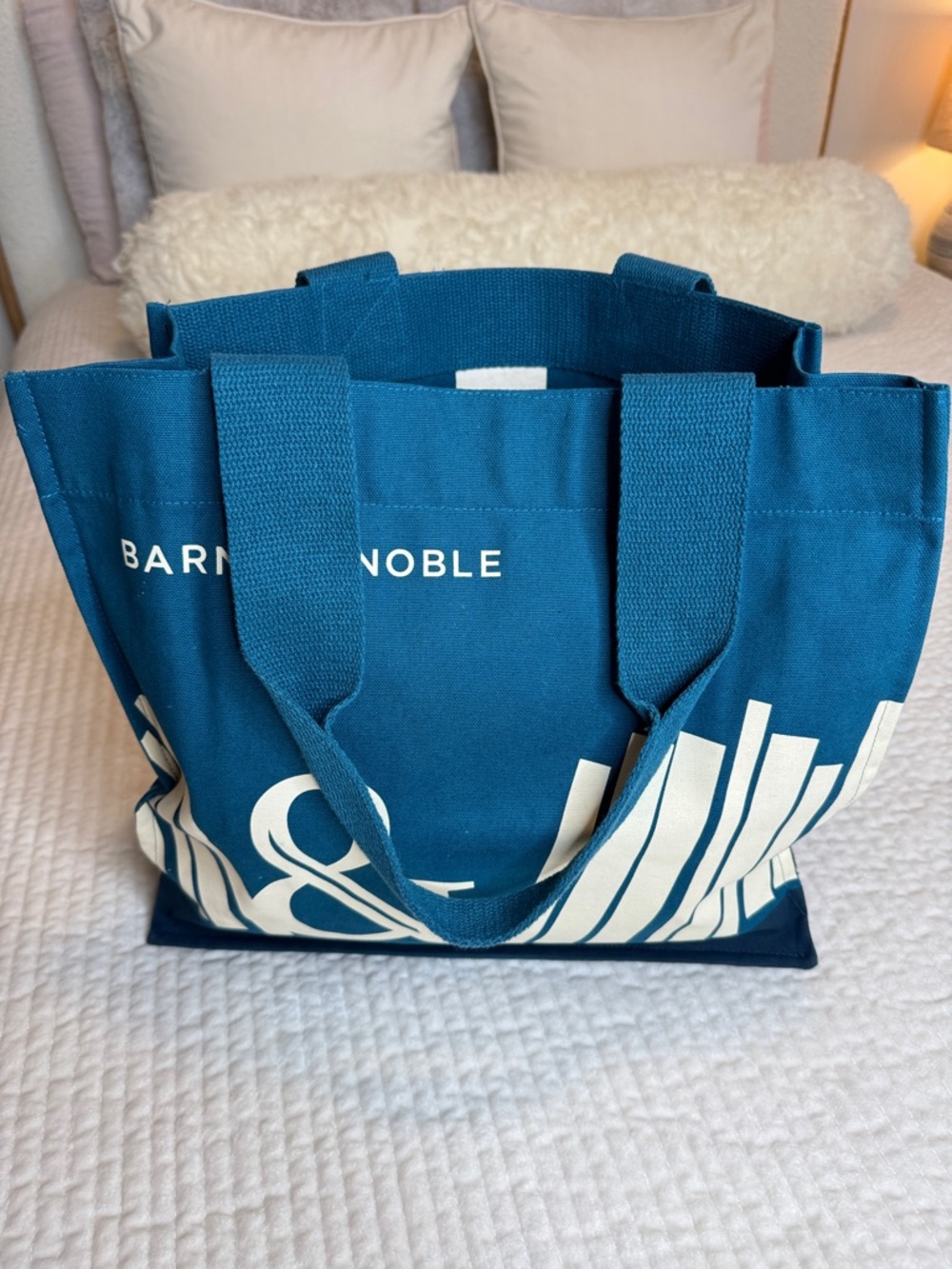 Barnes & Noble Teal/Blue Canvas Tote with White Print and inside interior pocket